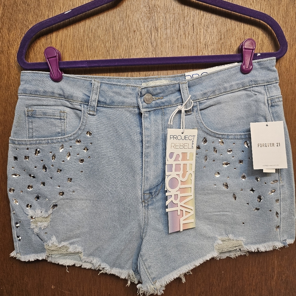 Project Rebel Light Wash Rhinestone Festival Shorts